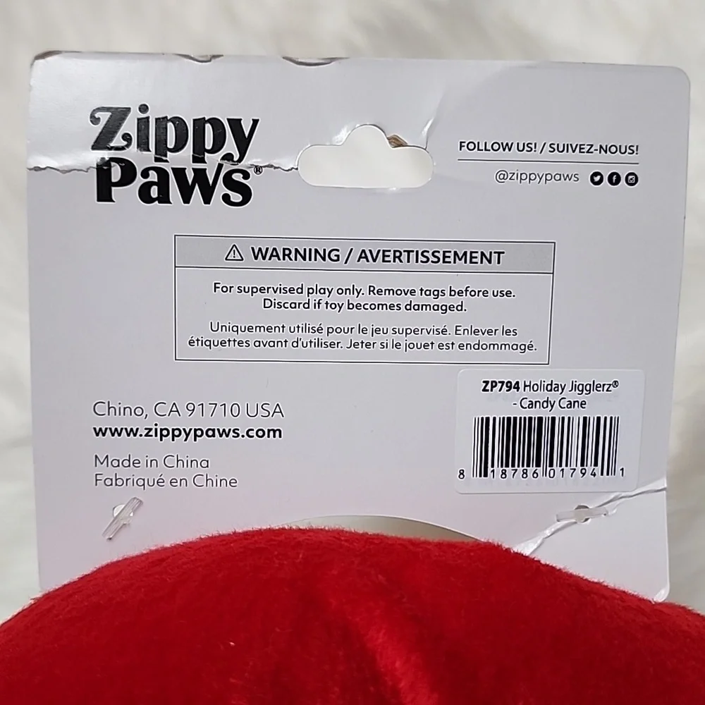 Zippy Paws Holiday Jigglerz Candy Cane Durable Squeeker Crinkle Dog Toy